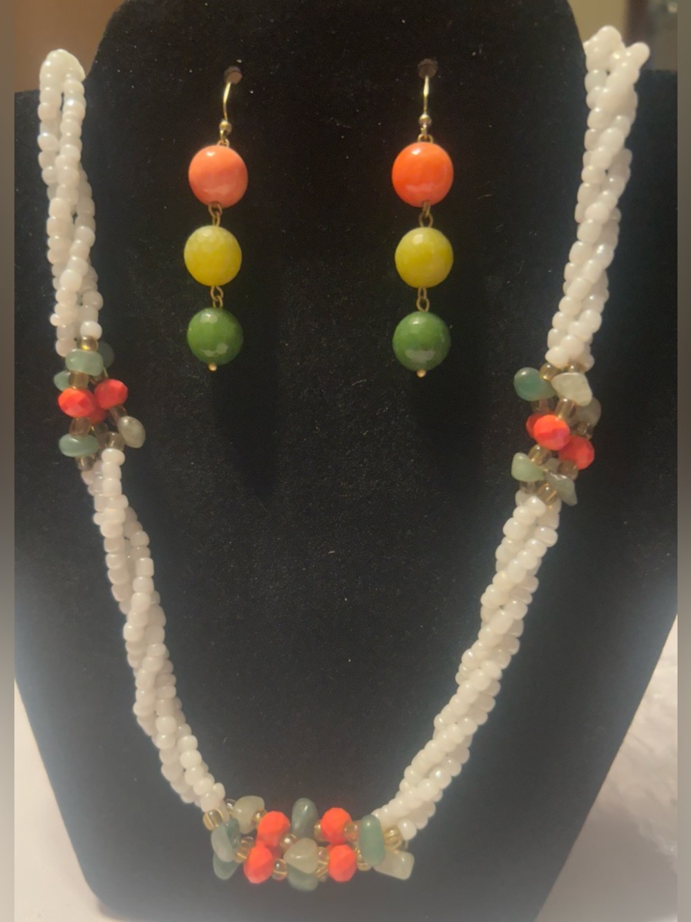 Colorful Bead Necklace and Earrings Set - White, Orange, Yellow, Green Stones.